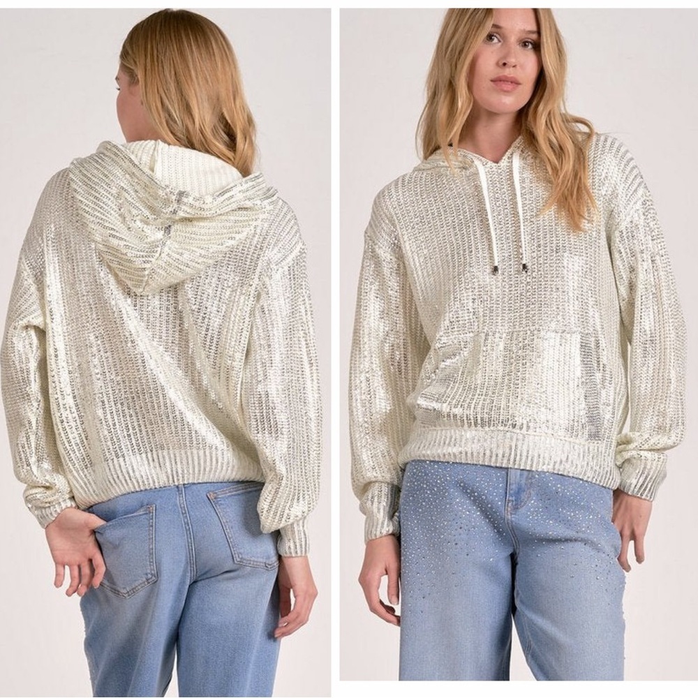 NWT Elan Margot Hoodie size medium knit white and silver metallic